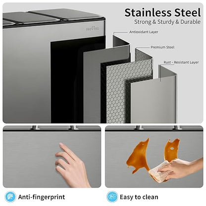 mVm 3 Compartment Trash Can, 3x4Gal Triple Step Trash Can with Double Layer Lids, Modern Kitchen Office Garbage Can（Gray）