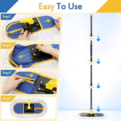 Commercial Dust Mop for Floor Cleaning - Industrial Wet Dry Broom with 2 Washable Mops Pads for Hardwood Vinyl Laminate Floors Warehouse Courtyard Cleaning,16 Inch,Blue