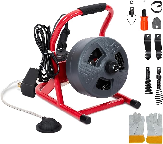 PIONEERWORKS 50Ft x 5/16 Inch Drain Cleaner Machine, Electric Drain Auger Professional for 3/4 to 3 Inch Pipes, Foot Switch with 6 Cutters, Glove, Drain Auger Cleaner Sewer Snake - DA04