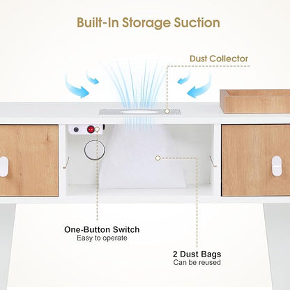 BarberPub Manicure Table with Electric Dust Collector & 2 Dust Bags, Beauty Nail Art Desk with Built-in Socket, Salon Nail Supplies Storage Workstation with Nail Vacuum Cleaner VC232 (White&Teak)