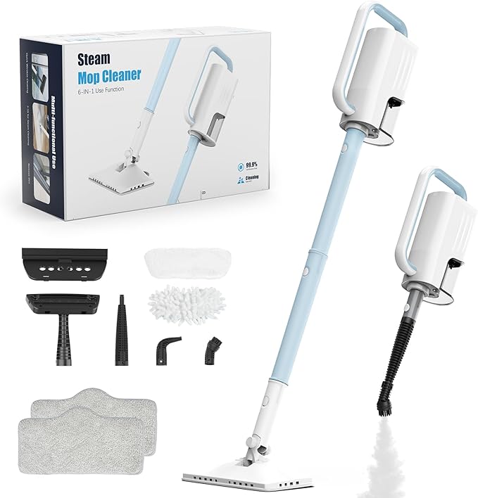 6-in-1 Steam Mop, 1200W Rotated Steam Cleaner for Home, 2 Modes, 400ML Removable Tank, 23FT Power Cord, 2 Pads, Multi-Surface Steamer for Hard Floor, Laminate Floor, Tiles Cleaning (Light Blue)