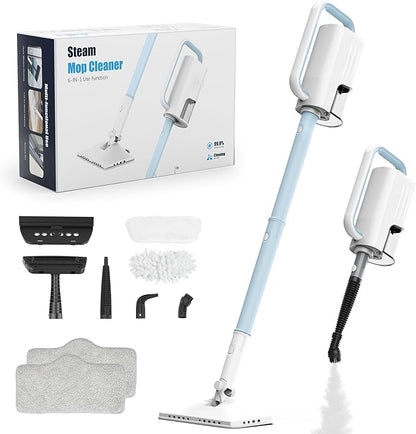 6-in-1 Steam Mop, 1200W Rotated Steam Cleaner for Home, 2 Modes, 400ML Removable Tank, 23FT Power Cord, 2 Pads, Multi-Surface Steamer for Hard Floor, Laminate Floor, Tiles Cleaning (Light Blue)