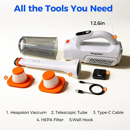 Heapsion Handheld Vacuum Cleaner Cordless, 7000Pa Suction, Portable Pet Hair Vacuum, 30-Min Runtime Rechargeable Type-C, Lightweight with Telescopic Tube for Car, Home & Office, with Telescopic Tube