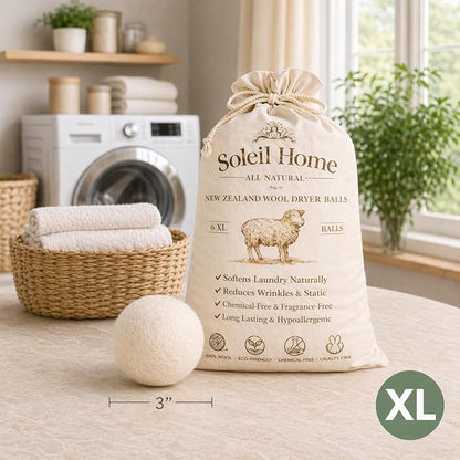 Wool Dryer Balls XL 6-Pack – 100% New Zealand Wool Laundry Balls – Natural Fabric Softener Alternative to Dryer Sheets – Reduces Static, Wrinkles & Drying Time – Reusable