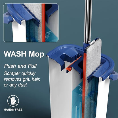 Easy Wring Washable Mop Bucket Set, Household, Durable Sturdy Aluminum Flat Mop Head with 8 Reusable MicrofibeDual Chamber Design, Dry and Wet Use Suitable for All Floors 16 Inch