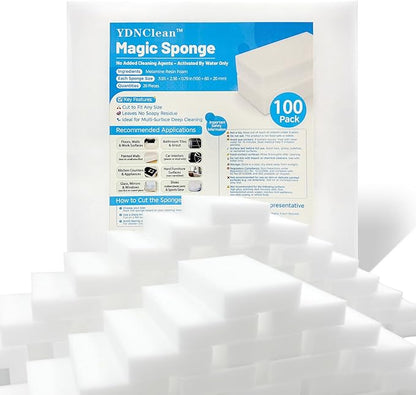 Magic Eraser Sponge Erasers, Water-Activated Cleaning Pads Sponge Mop, Bulk Pack Multi-Purpose Melamine Foam Cleaner for Kitchen, Bathroom, Walls, Shoes & Car, Non-Scratch & Reusable (100)