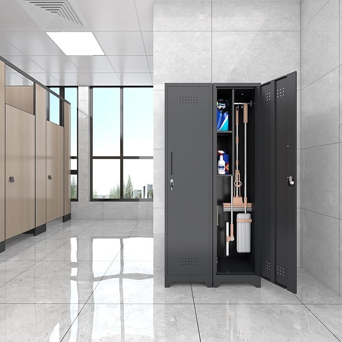 Garage Storage Cabinet, Metal Broom Closet Storage Cabinet,Utility Closet Cabinet for Garage,Office,Gym,Black