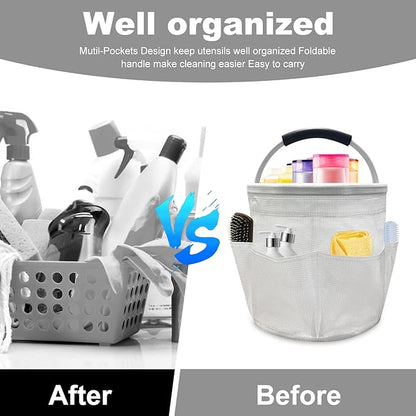 17L Cleaning Caddy with Handle, Foldable Cleaning Supply Caddy with 6 Pockets Cleaning Caddy Bag for Outdoor Camping Garden Harvest Basket Bathroom Storage (Clear)