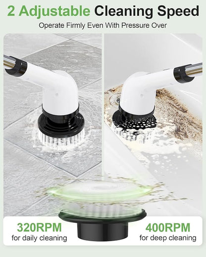 Electric Spin Scrubber, Cordless Power Cleaning Brush with 9 Replaceable Heads, Rechargeable Shower Scrubber with Adjustable Handle, IPX7 Waterproof Scrubber for Bathroom Tile Car,White-ra1