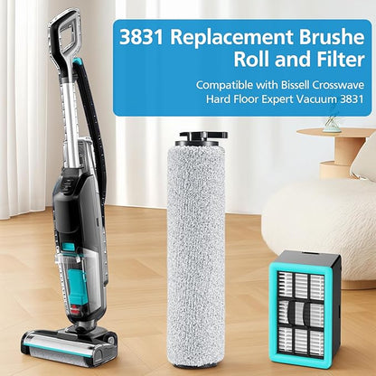 6-pack 3831 Vacuum Cleaner Brush Roll+ Filter Replacement Parts for Bissell Crosswave HF2/3845N/3831 Floor Scrubber, 3 Brush Rolls+3 Filters