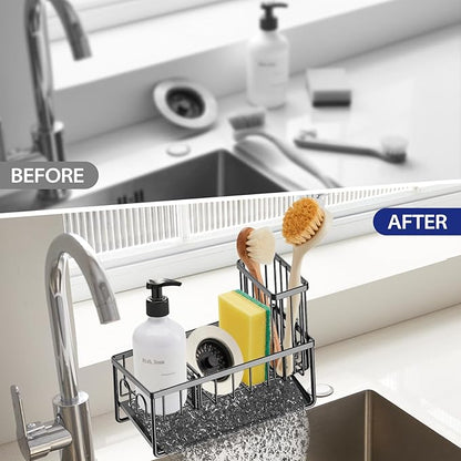 Sinnsally Kitchen Sponge Holder,Sink Caddy Organizer with Brush Holder,Stainless Steel Sink Box Dish Scrubber Holder with Self Drain Tray,Soap Dispenser Kitchen Storage Accessories(1 Tier-Black)