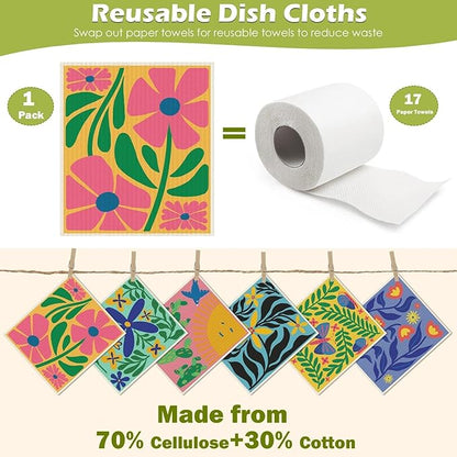 6 Packs Swedish Paper Cloths for Kitchen, Reusable Paper Towels Washable Dish Rags, Highly Absorbent Kitchen Towels Quick Drying Swedish Sponge Cleaning Dish Cloths (Hawaiian Style)
