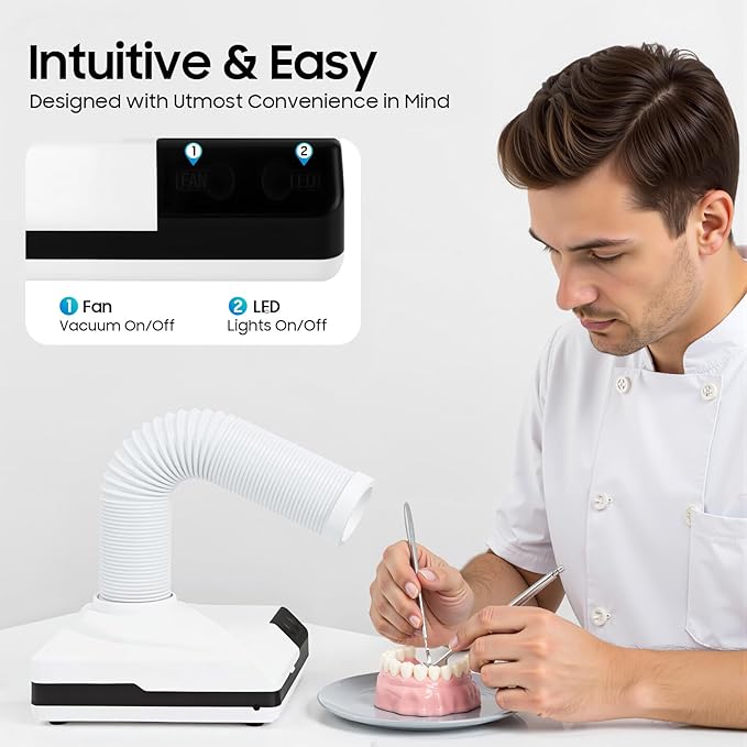Nail Dust Collector, 2 in 1 Powerful Mini Desktop Vacuum Cleaner with Fan & LED Light, 60W Manicure Dentist Polishing Dust Suction Machine with Large Caliber Hose for Dental Lab Nail Salon (White)