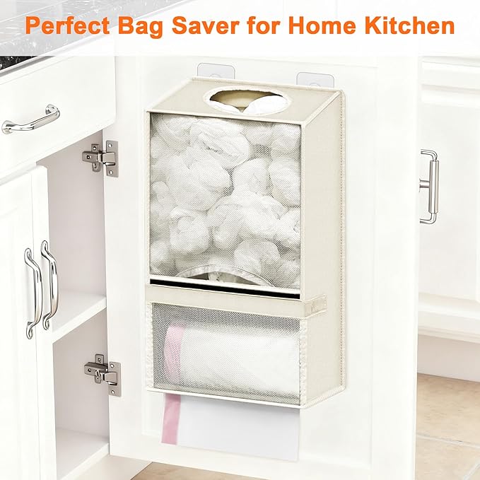 Spaclear Plastic Bag Holder - Large Wall Mount Grocery Bag Holder & Dispenser for Home Kitchen, 2-in-1 Space-Saving Durable Organizer House Necessities, Beige
