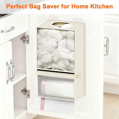 Spaclear Plastic Bag Holder - Large Wall Mount Grocery Bag Holder & Dispenser for Home Kitchen, 2-in-1 Space-Saving Durable Organizer House Necessities, Beige