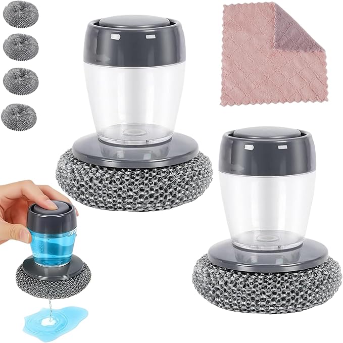 Comfort Grip Soap Dispensing Kitchen Scrub,Dish Brush with Soap Dispenser Steel Wool Scrubber,Soap Dispensing Scrubber for Dishes Pans Kitchen Sink Bathtub Tile and Household (2pcs)