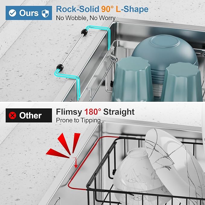 GSlife Dish Drying Rack Over the Sink - Expandable Stainless Steel Heavy Duty Dish Drainer for Small Kitchen Apartment, Space Saving Sink Rack with Secure Lock Knob and Utensil Holder, Silver