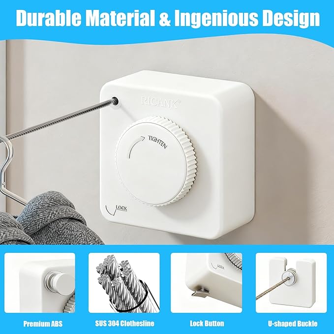 Retractable Clothesline Indoor - Non-Sagging Retractable Clothesline Outdoor - Retracting 13.8 Ft Heavy Duty Drying Clothes Line - Wall Mounted Stainless Steel Laundry Line (White, Square)
