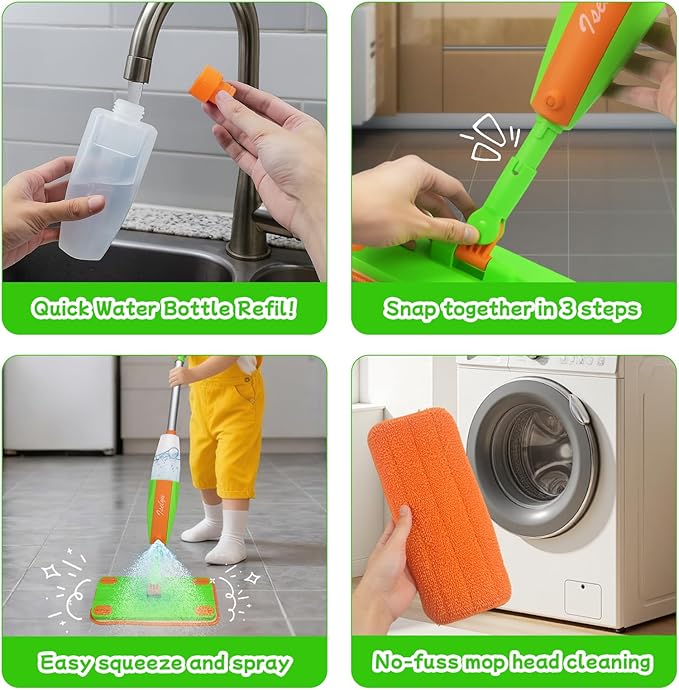 Toddler Spray Mop - Fun & Educational Montessori Housekeeping Toys Mini Size Cleaning Set Includes Kids Mop with Real Water Sprayer Washable Microfiber Pads & Scraper