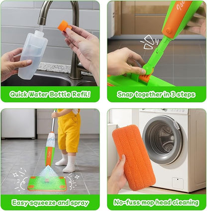 Toddler Spray Mop - Fun & Educational Montessori Housekeeping Toys Mini Size Cleaning Set Includes Kids Mop with Real Water Sprayer Washable Microfiber Pads & Scraper