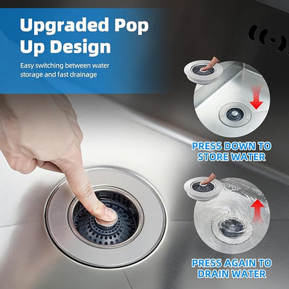 Hibbent Upgraded 2 Pack 3 in 1 Kitchen Sink Drain Strainer, Stainless Steel Pop Up Sink Stopper, Larger Anti-Clogging Basket, 3-Layer Seal, Detachable Plug for US Standard 3-1/2" Drain, Brushed Nickel