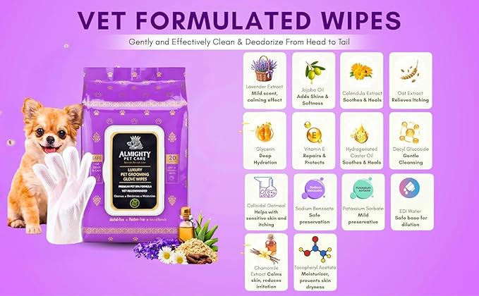 Premium Pet Grooming Glove Wipes for Dogs & Cats, 3X Thick No-Rinse Bathing Gloves, Hypoallergenic Deodorizing Paw & Body Cleaner, Grooms Hydrates & Nourishes, 20 Count, Lavender Scent