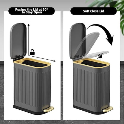 KSSKSS 2.6 Gallon Slim Bathroom Trash Can with Soft Close Lid, 10L Stainless Steel Garbage Can with Removable Liner Bucket, for Narrow Spaces, Bathroom, Bedroom (Gray)