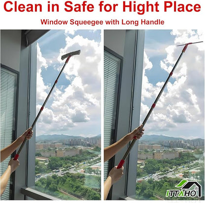 Squeegee for Window Cleaning, 12" Squeegee and 11" Microfiber Scrubber Combi with Stainless Steel Pole, Extendable Window Cleaner for Car, Sliding Door, Shower Glass Door-Swivel Style-2 Pads