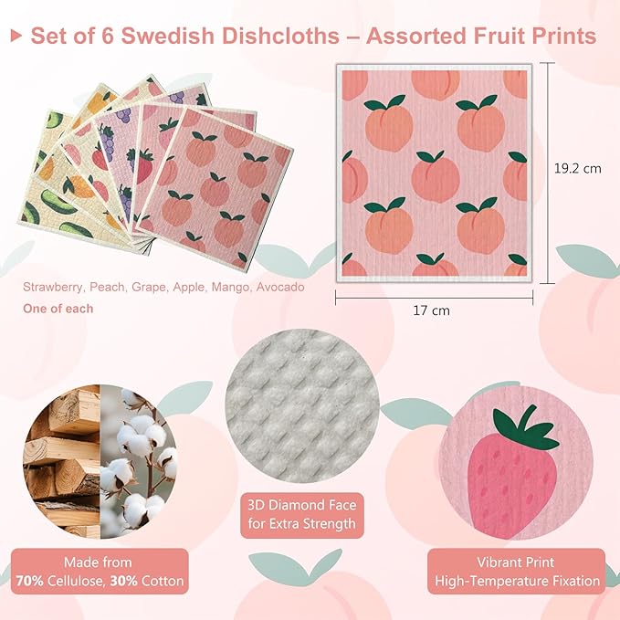 Swedish Dishcloths 6-Pack, Super Absorbent & Fast-Drying Reusable Dish Towels, Biodegradable Kitchen Sponge Cloths with Fruit Prints for Dishes, Countertops, Windows & Car