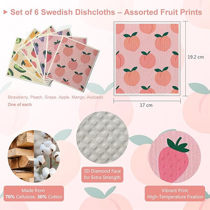 Swedish Dishcloths 6-Pack, Super Absorbent & Fast-Drying Reusable Dish Towels, Biodegradable Kitchen Sponge Cloths with Fruit Prints for Dishes, Countertops, Windows & Car