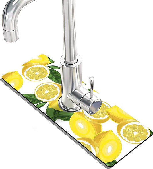 Kitchen Sink Splash Guard Faucet Mat Super Absorbent Fast Drying Mat Sink Gadgets Splash Guard Behind Faucet Drip Catcher for Kitchen (Lemon-1, 15x5.5in)