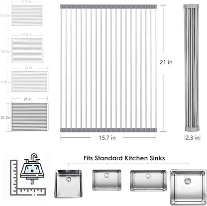 Tomorotec Roll Up Dish Drying Rack Over the Sink Grey Large Dish Drying Rack Rolling Foldable Collapsible SUS304 Stainless Steel Multipurpose Dish Drainer for Kitchen Counter (21”x15.7”)