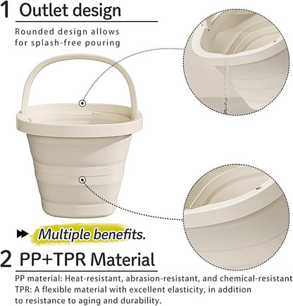 Collapsible Utility Bucket with Handle, 10L Sizes, Multi-Purpose for Foot Bath, Cleaning, Storage, Beige (Grey+Beige)