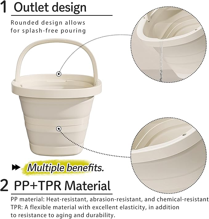 Collapsible Utility Bucket with Handle, 10L Sizes, Multi-Purpose for Foot Bath, Cleaning, Storage, Beige (Grey)