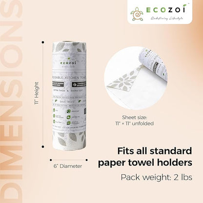 Ecozoi Bamboo Rayon Reusable Towels - 4 Pack | Equivalent to 80 Regular Rolls | 70% Rayon from Bamboo and 30% Cotton Kitchen Paper Rolls | 50 Times More Usage than Regular Paper Rolls