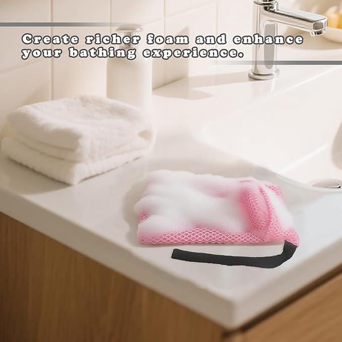 Bar Soap Bags Savers, Exfoliating Foaming Japanese Washcloth Pouch, Body Scrubbers for Shower, 2 Pack, Black+Pink (Gentle Roughness)