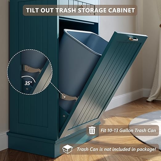 LOUVIXA Tilt Out Trash Can Cabinet, Hidden Trash Cabinet with Drawer, Wooden Dog Proof Trash Can Holder, Tilt Out Laundry Hamper, Garbage Can Holder (Teal-Blue)