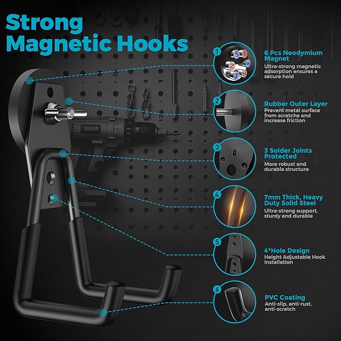8Pcs Large Strong Magnetic Hooks Heavy Duty Garage Big Magnet Hooks Extra Strength Magnetic Utility Storage Hook Hanger with Anti Slip Coating for Garden Indoor Outdoor Hanging Tools Black