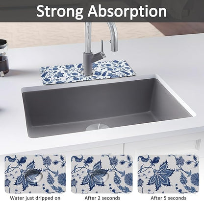 15" X 5.5" Kitchen Sink Splash Guard Faucet Mat Floral Super Absorbent Fast Drying Faucet Guard & Draining Mat Sink Splash Guard Behind Faucet for Kitchen, Bathroom