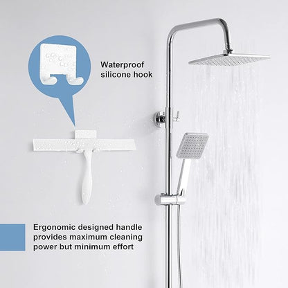 Shower Squeegee for Glass Doors, 11-Inch Silicone Squeegee with Non-Slip Handle and Adhesive Hook for Bathroom, Mirror, Tile, Car Window (White)