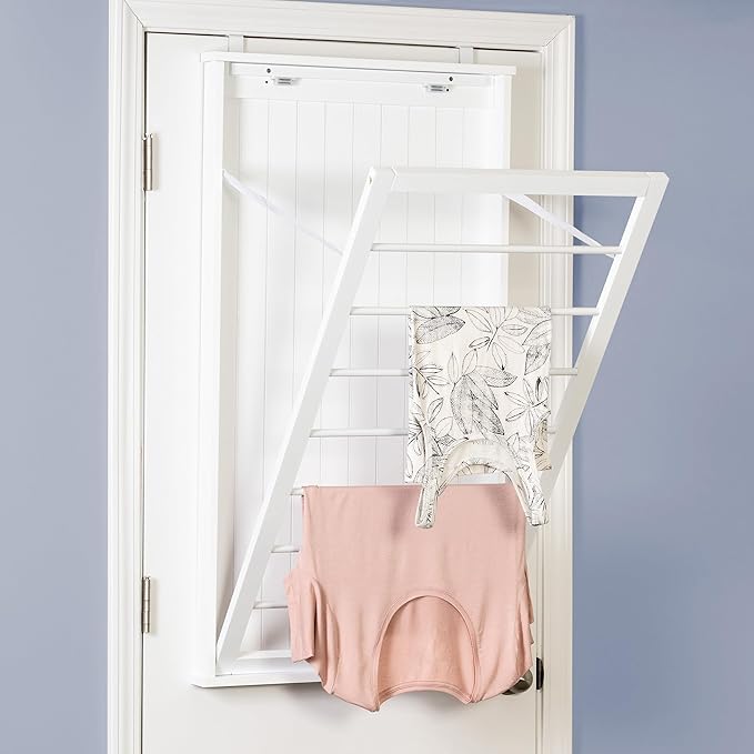 Honey-Can-Do Wall-Mounted Wooden Clothes Drying Rack with Drying Rod, Foldable Space-Saving Laundry Rack, Holds 30 lbs, Stylish White MDF Design for Laundry Room Bathroom, 23"W x 42"H