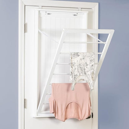 Honey-Can-Do Wall-Mounted Wooden Clothes Drying Rack with Drying Rod, Foldable Space-Saving Laundry Rack, Holds 30 lbs, Stylish White MDF Design for Laundry Room Bathroom, 23"W x 42"H