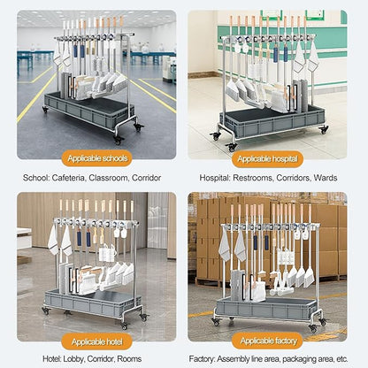 SARKEY Broom Mop Holder Cleaning Supplies Organizer,Rolling Janitor Cart With Wheels,Freestanding Housekeeping Storage For Garage,Garden,Closet,Schools,Hotels(65x42x110cm(25x16x43in))