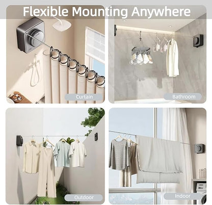 15.7Ft Retractable Clothesline Indoor & Outdoor, Heavy Duty Anti-Sag Wall Mounted Stainless Steel Laundry Drying Line for Balcony, Laundry Room, Bathroom, Motorhome, Dormitory, Travel