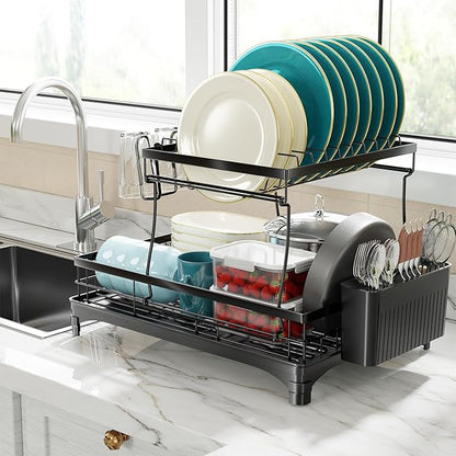 Simple Trending Dish Drying Rack, Stainless Steel Dish Racks for Kitchen Counter, Large Capacity 2-Tier Dish Drainer Organizer with Utensil Holder, Black