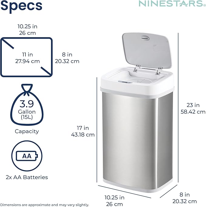 Ninestars NPT-15-1WH Automatic Touchless Motion Sensor Diaper Disposal Trash Can with lid, 4 gallon/15 L, White, Plastic