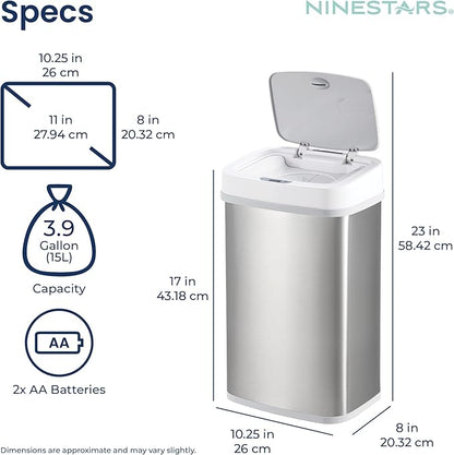 Ninestars NPT-15-1WH Automatic Touchless Motion Sensor Diaper Disposal Trash Can with lid, 4 gallon/15 L, White, Plastic