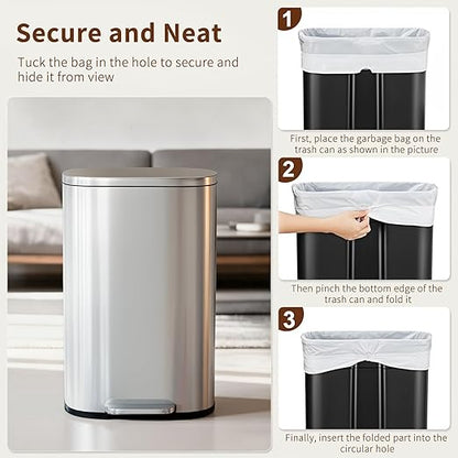 PayLessHere Trash Can with Lid, 13 Gallon (50L) Stainless Steel Kitchen & Office Recycling Bin with Foot Pedal Soft Close & Inner Bucket
