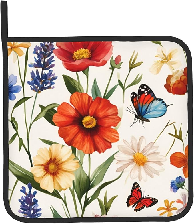 Cute Oven Mitts and Pot Holders Sets Poppy Daisy Flowers Kitchen Gloves Lavender Butterfly Hot Pads 2 Pieces Set Spring Summer Floral Kitchen Decor and Accessories