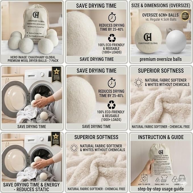 Wool Dryer Balls XL 6-Pack - 100% Organic New Zealand Wool, Reusable Natural Fabric Softener for Laundry, Reduce Drying Time & Static, Eco-Friendly Dryer Balls for Pet Hair Removal
